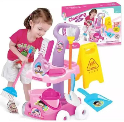 Cleaning Cart Pretend Play Toy Set with Accessories for Kids